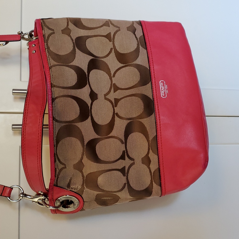 Coach Brown Signature Canvas and Pink Leather Shoulder Bag